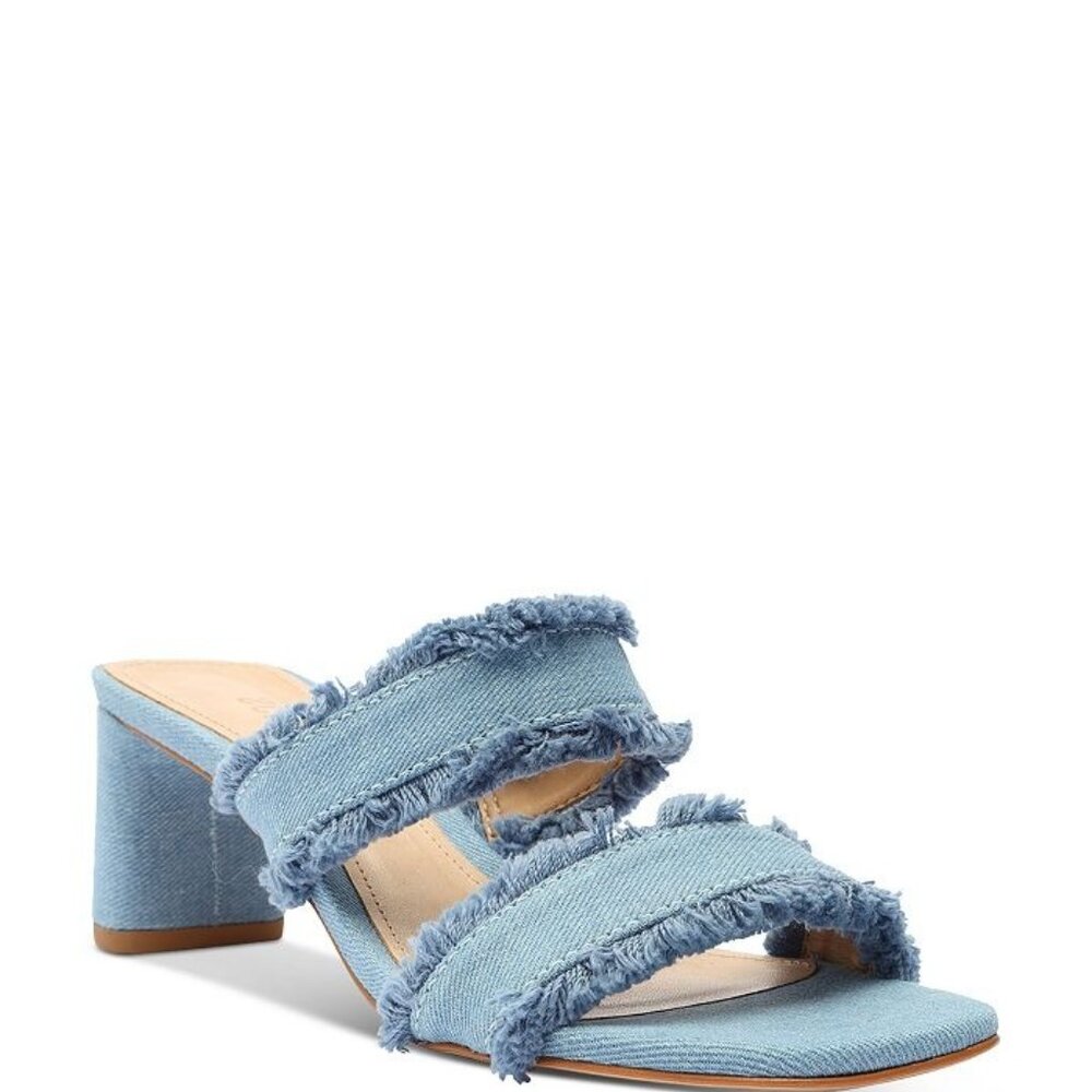 Amely Mid Block Denim Sandal with Frayed Straps | - Picture 2 of 12
